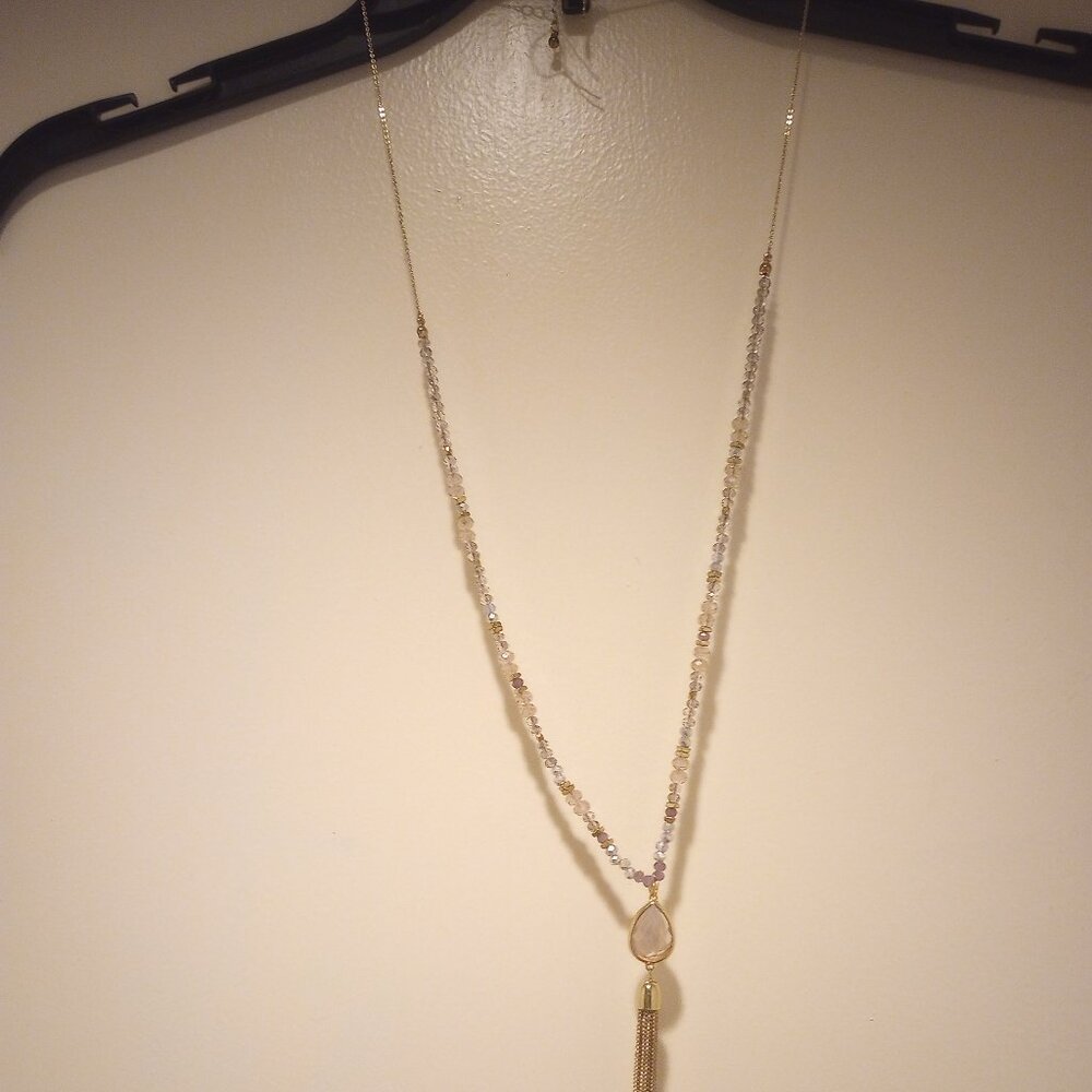 Loft beaded long necklace with chain fringe bottom, crystal & multi color beads